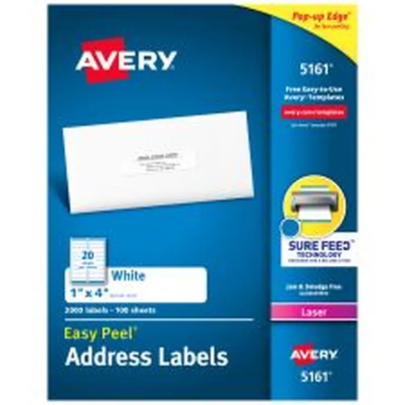 Avery Easy Peel Address Labels With Sure Feed Technology, 5161, Rectangle, 1" x 4", Matte White, Box Of 2,000