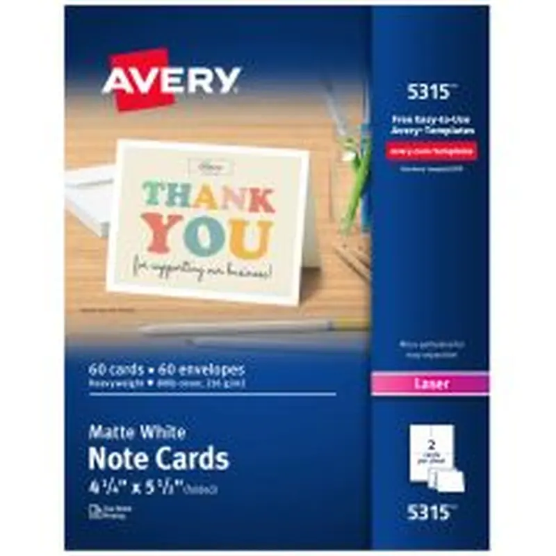 Avery Printable Note Cards With Envelopes, 4.25" x 5.5", White, Pack Of 60 Blank Note Cards For Laser Printers