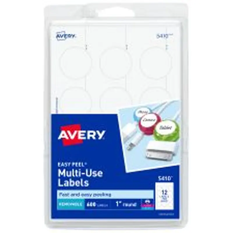 Avery Removable Multipurpose Labels, 5410, Round, 1" Diameter, White, Pack Of 600