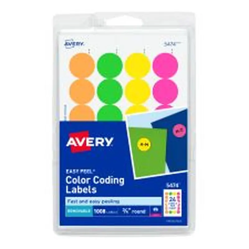 Avery Removable Print Or Write Color Coding Labels, 5474, Round, 3/4"Diameter, Assorted Neon, Pack Of 1,008