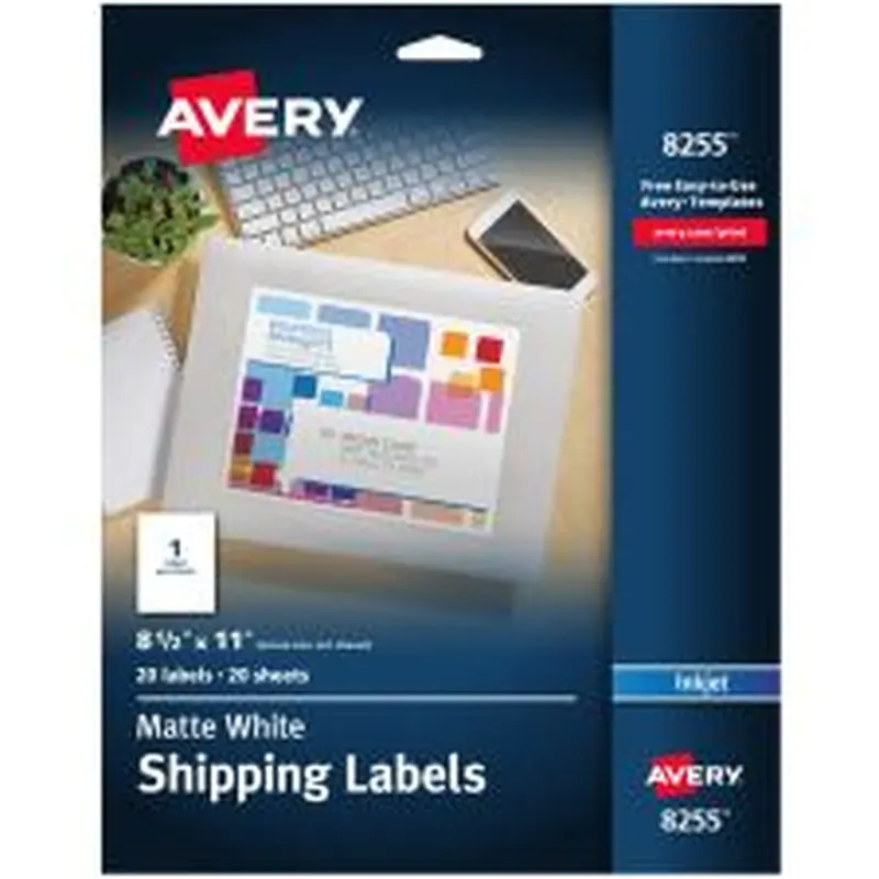 Avery Shipping Labels, 8255, Rectangle, 8-1/2" x 11", White, Pack Of 20 Labels