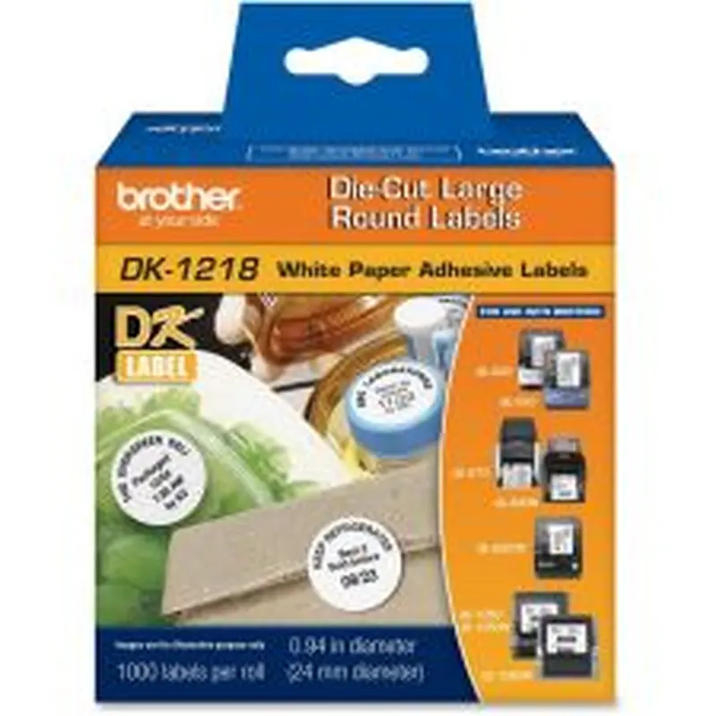 Brother DK1218 Round Thermal Adhesive Labels, 1" Diameter, White, Roll Of 1,000
