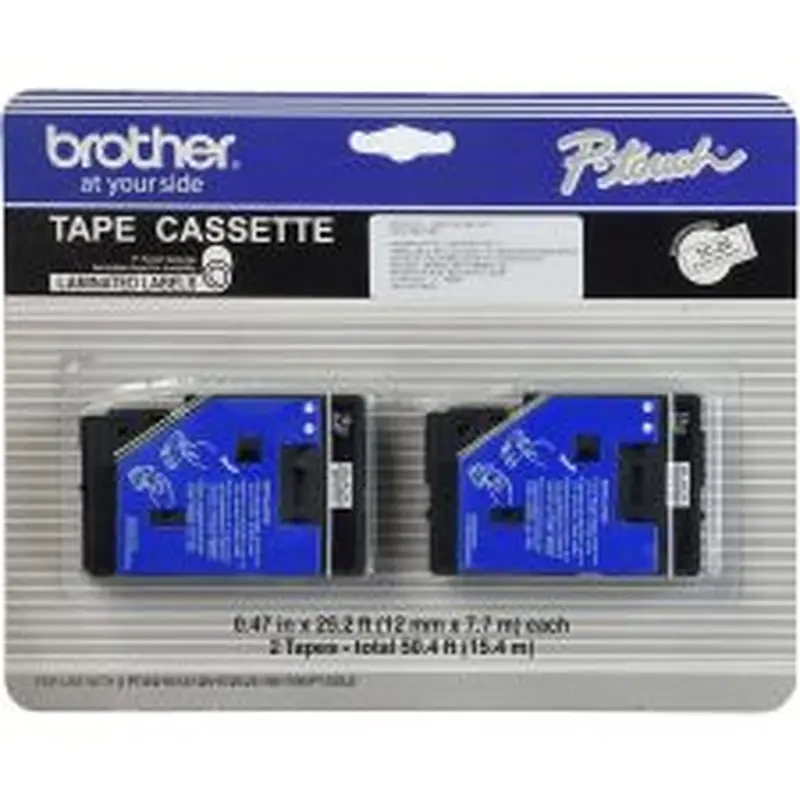 Brother TC-20 Black-On-White Tapes, 0.5" x 25', Pack Of 2