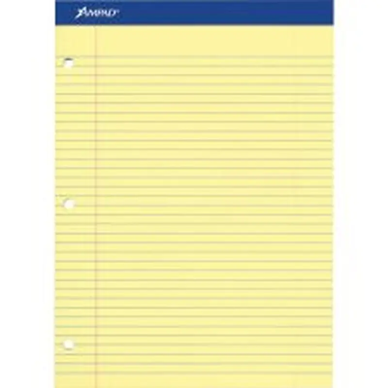 Ampad Perforated 3-Hole Punched Ruled Double Sheet Pad, Medium/College Rule, 100 Sheets, 8 1/2" x 11", Canary Yellow