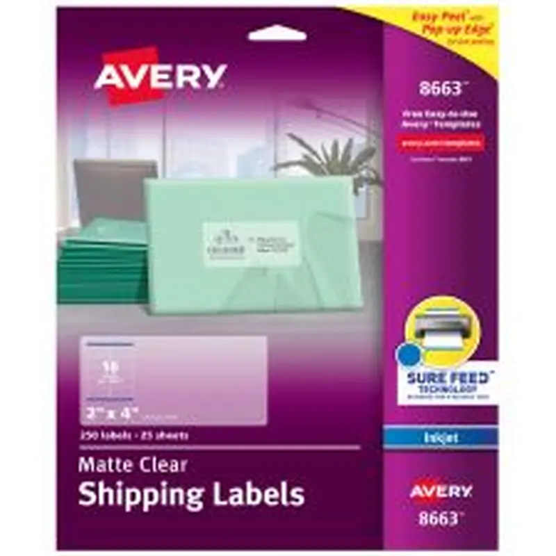Avery Matte Shipping Labels With Sure Feed Technology, 8663, Rectangle, 2" x 4", Clear, Pack Of 250