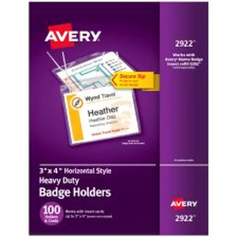 Avery(R) Heavy Duty Badge Holders, 3" x 4" , 100 Horizontal ID Badge Holders with Cords (2922)