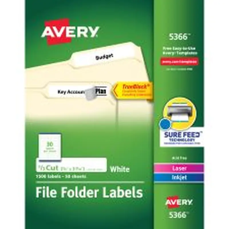 Avery TrueBlock File Folder Labels With Sure Feed Technology, 5366, Rectangle, 2/3" x 3-7/16", White, Pack Of 1,500