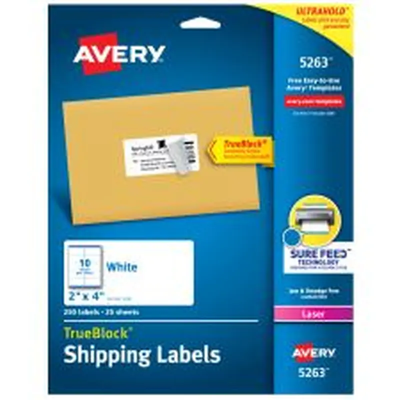 Avery TrueBlock Shipping Labels With Sure Feed Technology, 5263, Rectangle, 2" x 4", White, Pack Of 250
