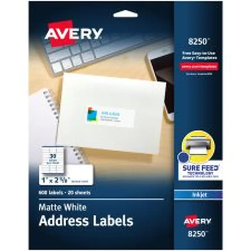 Avery Address Labels With Sure Feed Technology, 8250, Rectangle, 1" x 2-5/8", White, Pack Of 600 Labels