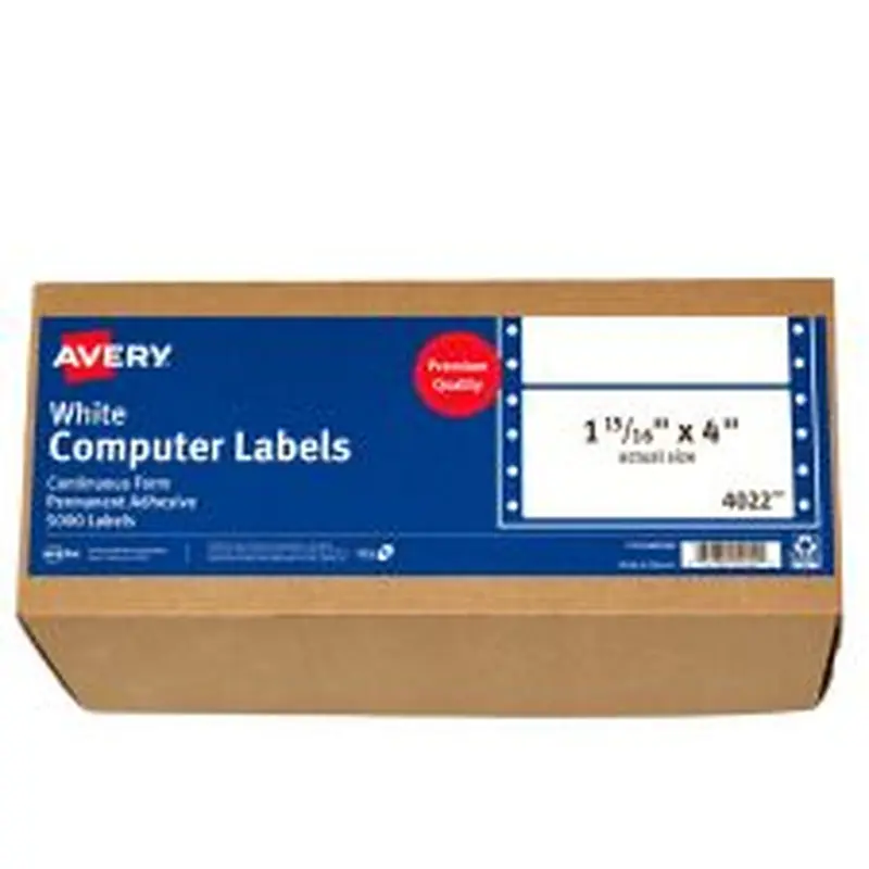Avery Continuous Form Permanent Address Labels, 4022, Rectangle, 4" x 1 15/16", White, Box Of 5,000
