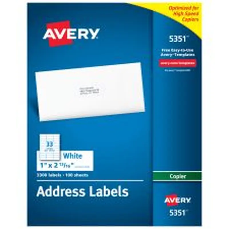 Avery Copier Permanent Address Labels, 5351, 1" x 2 13/16", White, Pack Of 3,300