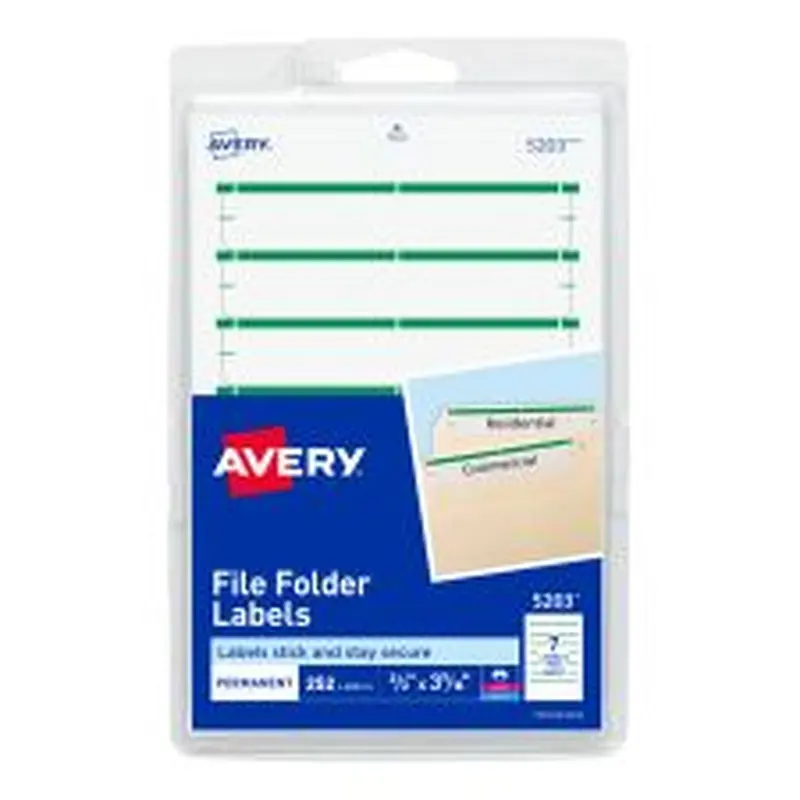 Avery File Folder Labels On 4" x 6" Sheet With Easy Peel, 5203, Rectangle, 2/3" x 3-7/16", White With Green Color Bar, Pack Of 252 Labels