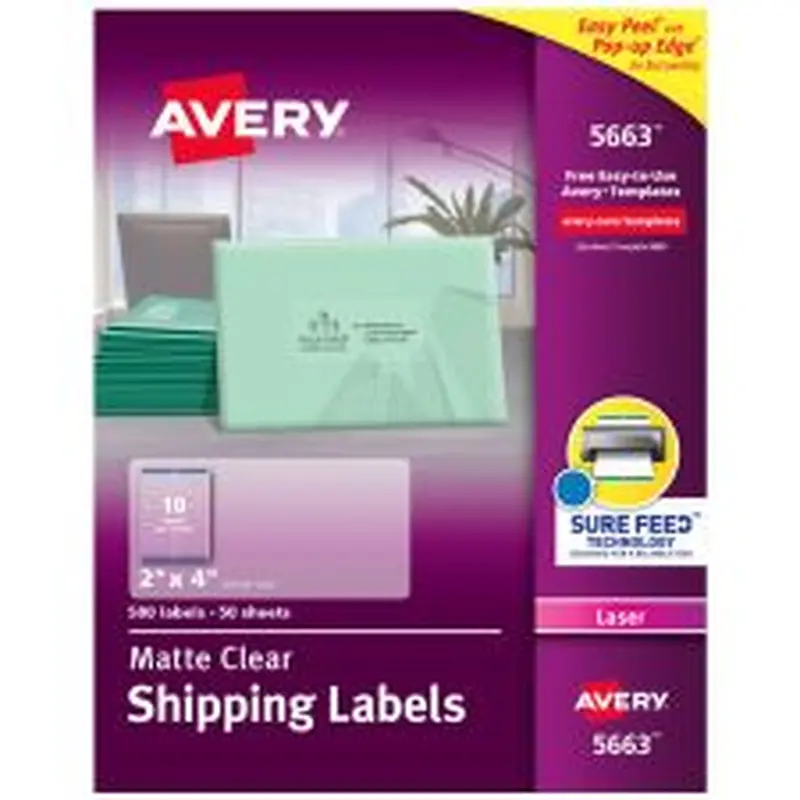 Avery Matte Shipping Labels With Sure Feed Technology, 5663, Rectangle, 2" x 4", Clear, Pack Of 500