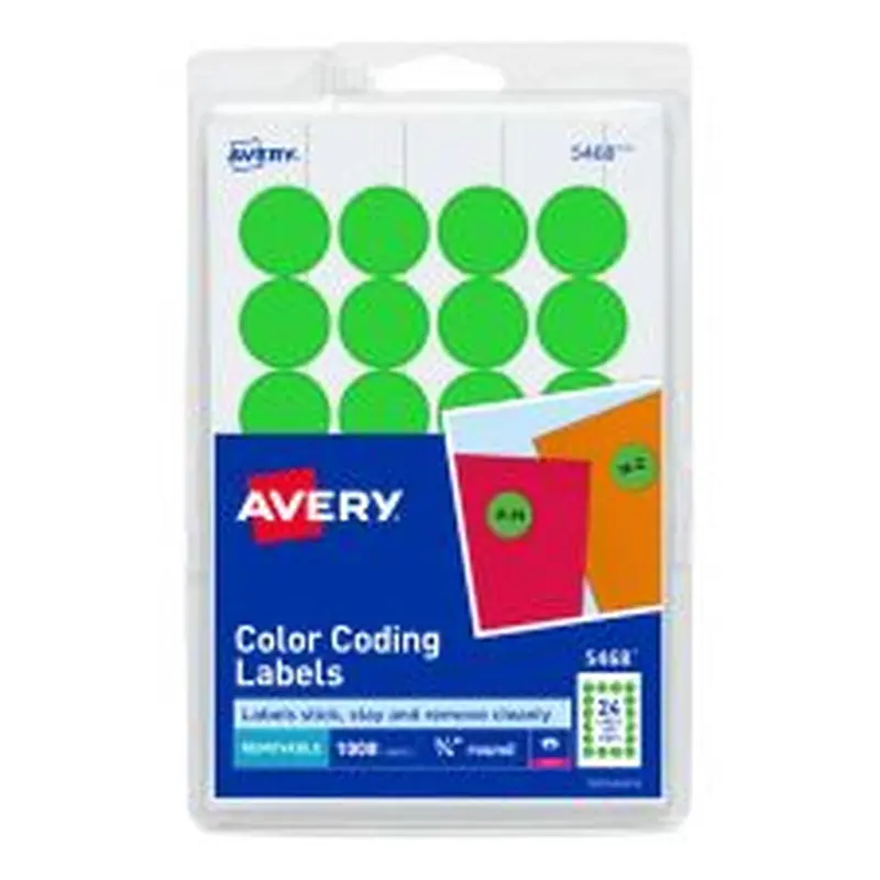 Avery Removable Color-Coding Labels, 5468, Round, 3/4" Diameter, Neon Green, Pack Of 1,008