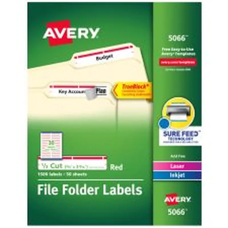 Avery TrueBlock Permanent Inkjet/Laser File Folder Labels, 5066, 2/3" x 3 7/16", Red, Box Of 1,500