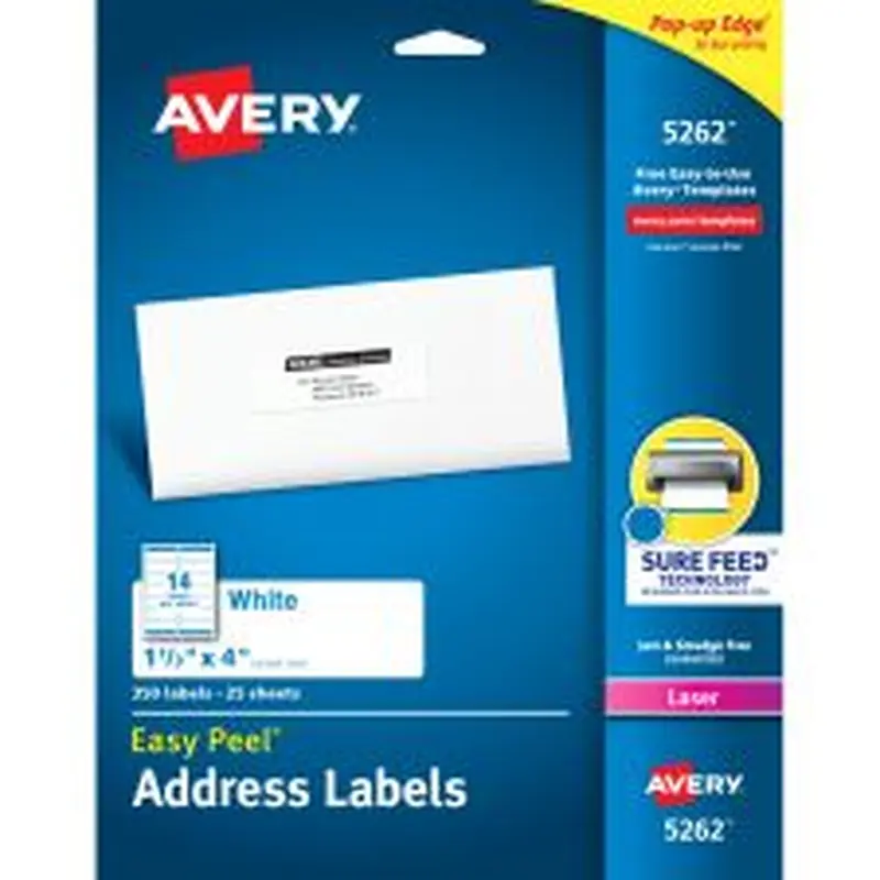 Avery Easy Peel Address Labels With Sure Feed Technology, 5262, Rectangle, 1-1/3" x 4", Matte White, Pack Of 350