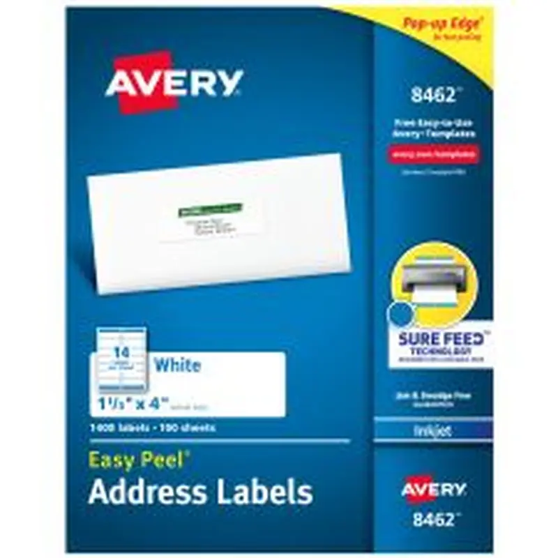 Avery Easy Peel Address Labels With Sure Feed Technology, 8462, Rectangle, 1-1/3" x 4", White, Box Of 1,400
