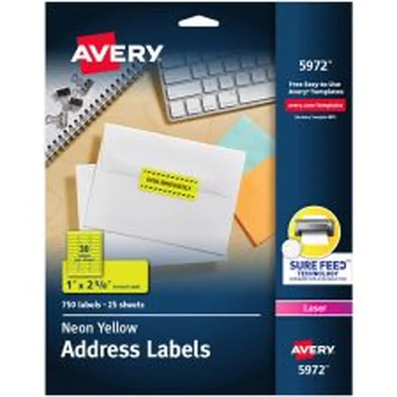 Avery High-Visibility Permanent Laser ID Labels, 5972, 1" x 2 5/8", Yellow, Pack Of 750