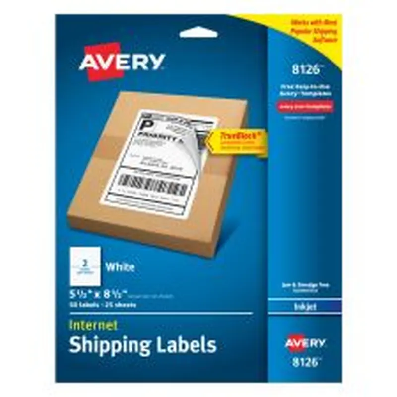 Avery TrueBlock Permanent Inkjet Shipping Labels, Internet, 8126, 5 1/2" x 8 1/2", White, Pack Of 50