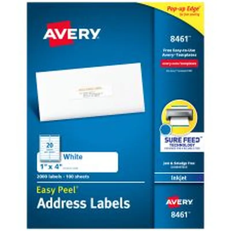 Avery Easy Peel Address Labels With Sure Feed Technology, 8461, Rectangle, 1" x 4", White, Box Of 2,000