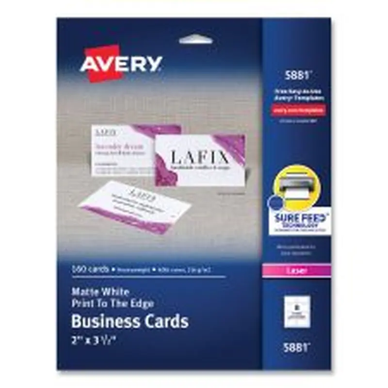 Avery Print-to-the-Edge Microperforated Business Cards with Sure Feed Technology, Laser, 2 x 3.5, White, 8/Sheet, 20 Sheets/Pack