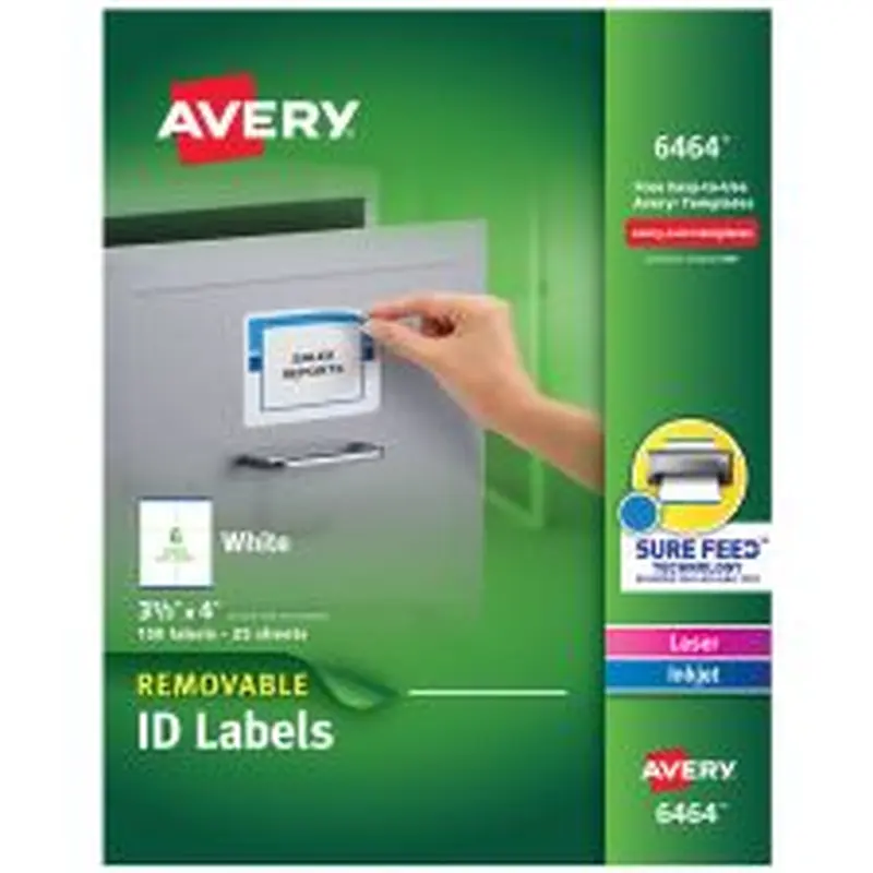 Avery Removable ID Labels With Sure Feed Technology, 6464, Rectangle, 3-1/3" x 4", White, Pack Of 150