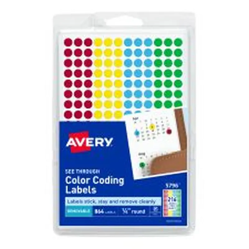 Avery See-Through Color-Coding Removable Labels, Non-Printable, 5796, Round Stickers, 1/4 Inch, Assorted Colors, Pack Of 864