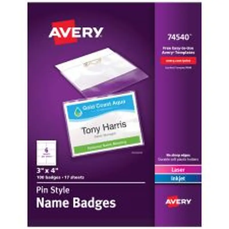 Avery Customizable Name Badges With Pins, 74540, 3" x 4", Clear Name Tag Holders With White Printable Inserts, Pack of 100