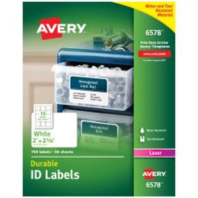 Avery Permanent Durable ID Labels With TrueBlock, 6578, Rectangle, 2" x 2-5/8", White, Pack Of 750
