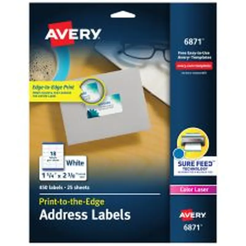 Avery Print-To-The-Edge Permanent Address Laser Labels, 6871, 1 1/4" x 2 3/8", White, Pack Of 450
