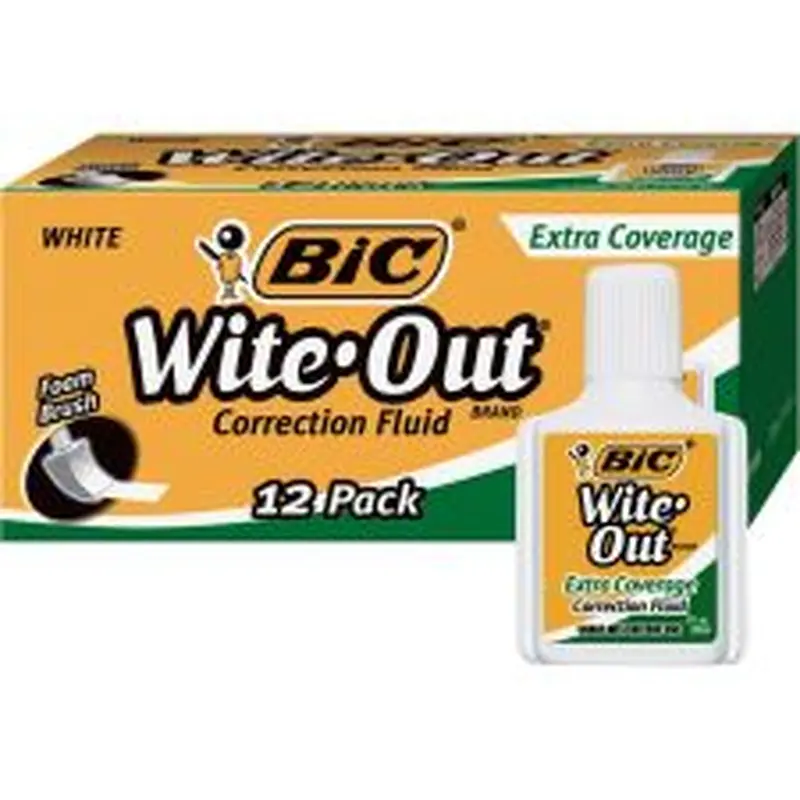 BIC Wite-Out Extra Coverage Correction Fluid, 20 mL Bottles, White, Pack Of 12