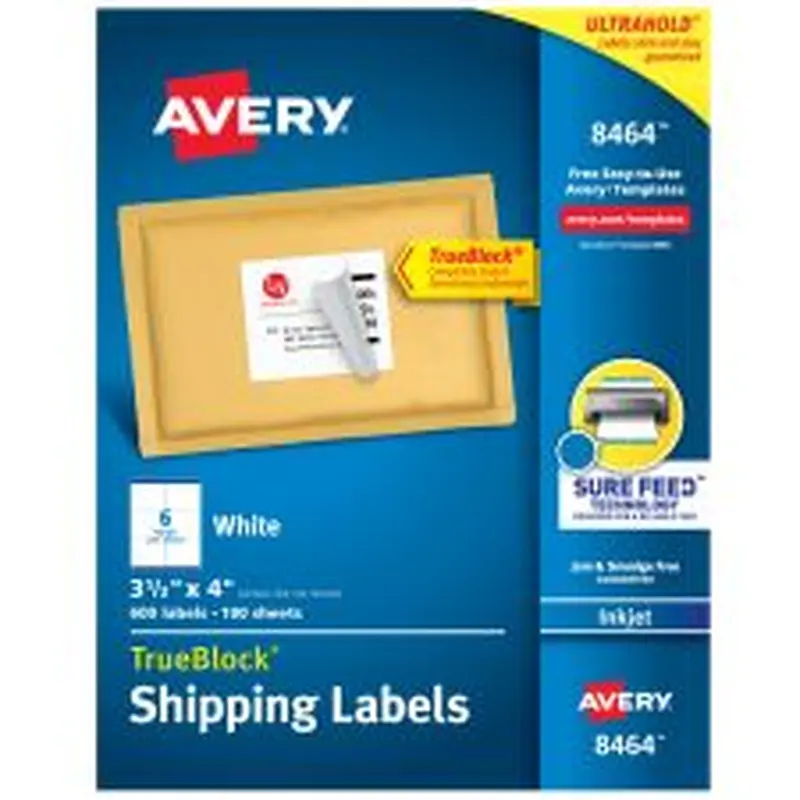 Avery TrueBlock Permanent Inkjet Shipping Labels, 8464, 3 1/3" x 4", White, Pack Of 600
