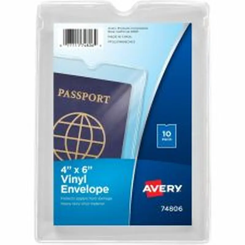Avery Vinyl File Envelopes, Passbook/Passport Holder, Holds Up To 30 Sheets, 4" x 6", Clear, 10 Vinyl Envelopes