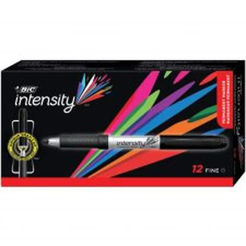 BIC Intensity Permanent Markers, Fine Point, Grip Silver Barrel, Black, Pack Of 12