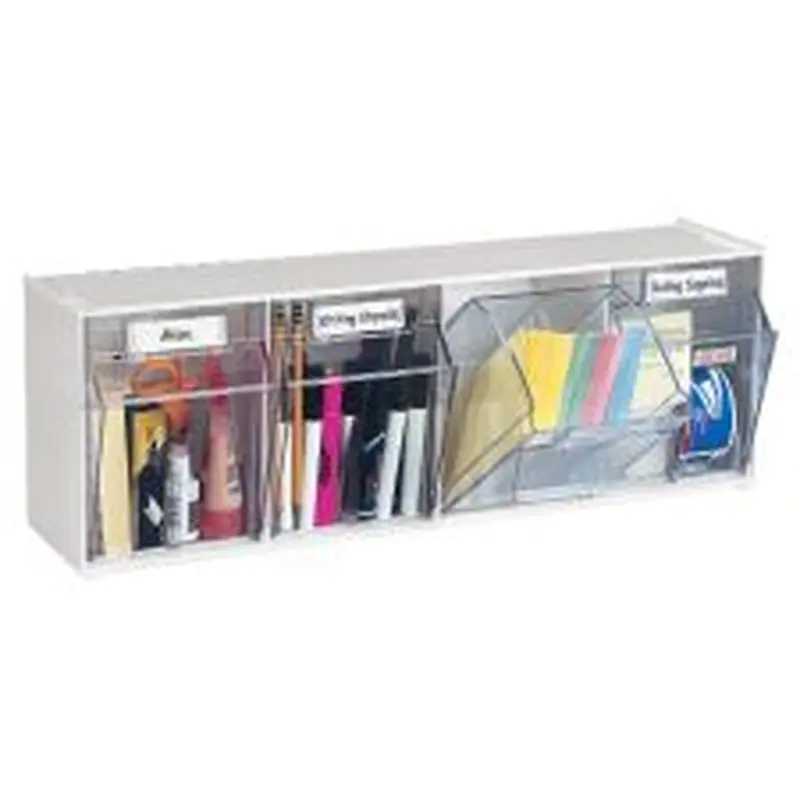 Deflecto Interlocking Horizontal Tilt Bin, 4 Bins, Small Size, 3 3/10" x 23 5/8" x 3 5/8", White/Clear
