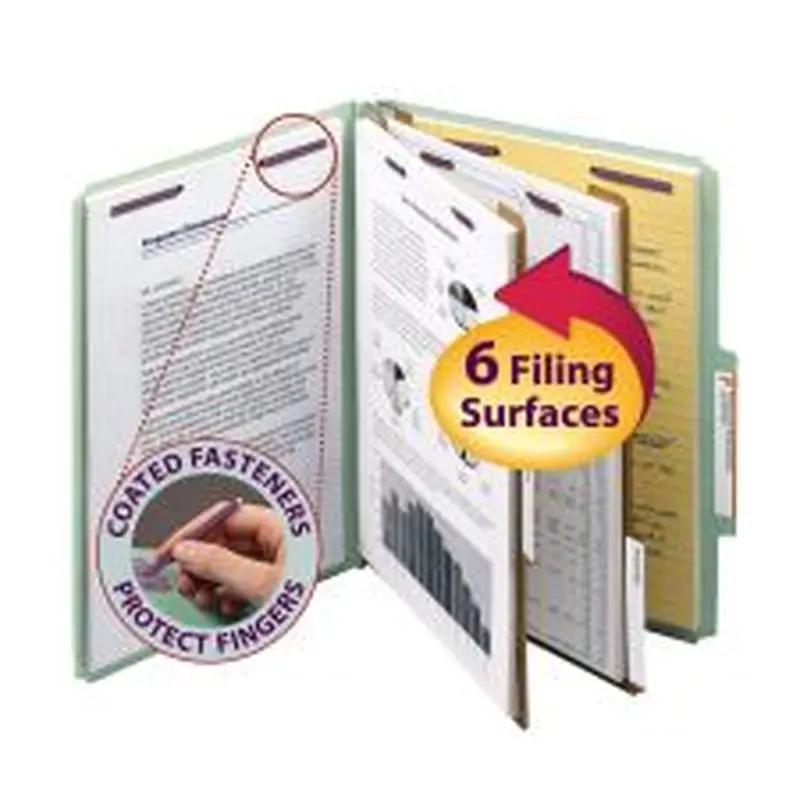 Smead Classification Folders, Pressboard With SafeSHIELD Fasteners, 2 Dividers, 2" Expansion, Letter Size, 100% Recycled, Gray/Green, Box Of 10