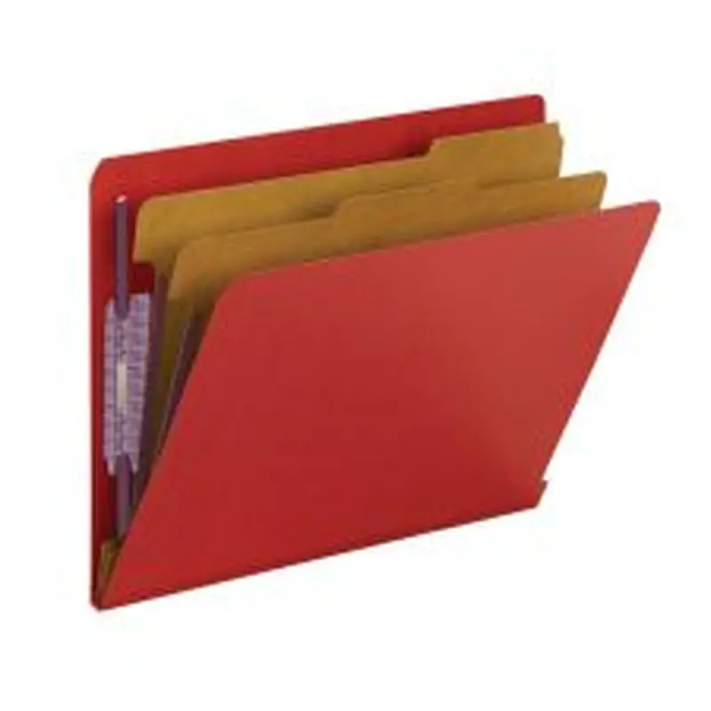 Smead End-Tab Classification Folders, 8 1/2" x 11", 2 Divider, 2 Partition, Bright Red, Pack Of 10