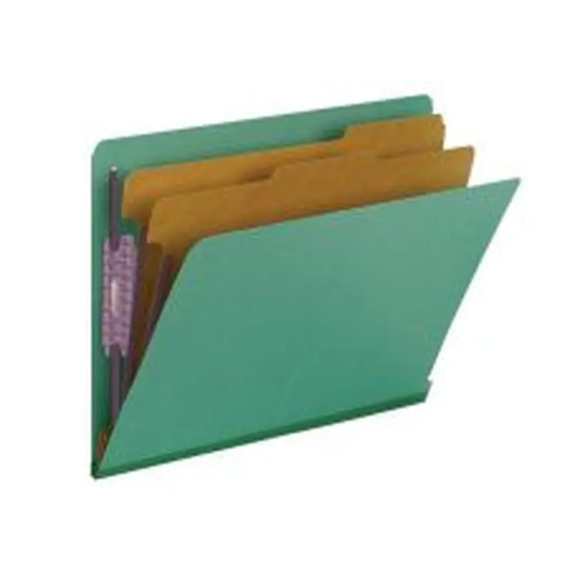 Smead End-Tab Classification Folders, With SafeSHIELD Fasteners, 8 1/2" x 11", 2 Divider, 2 Partition, Green, Pack Of 10