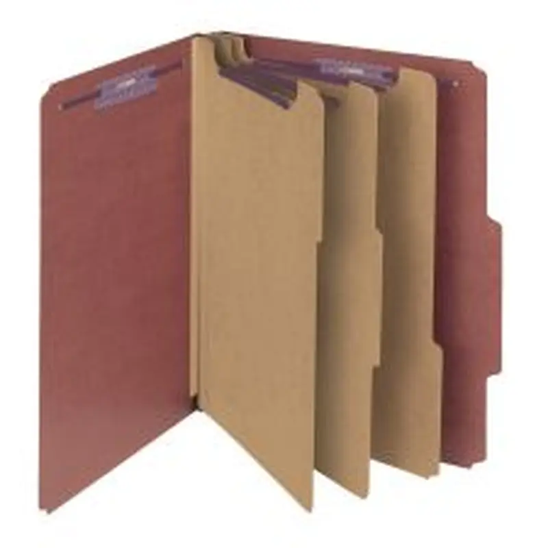 Smead Pressboard Classification Folders With SafeSHIELD Fasteners, 3 Dividers, 3" Expansion, Letter Size, 100% Recycled, Red, Box Of 10