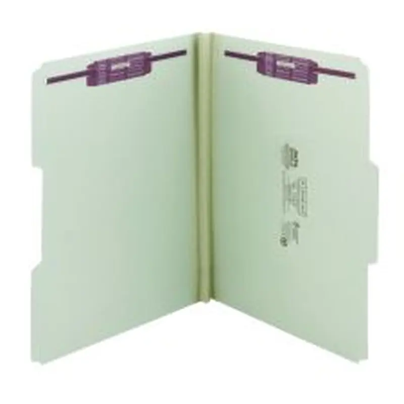 Smead Pressboard Fastener Folders With SafeSHIELD Fasteners, 1" Expansion, Letter Size, 100% Recycled, Gray/Green, Box Of 25
