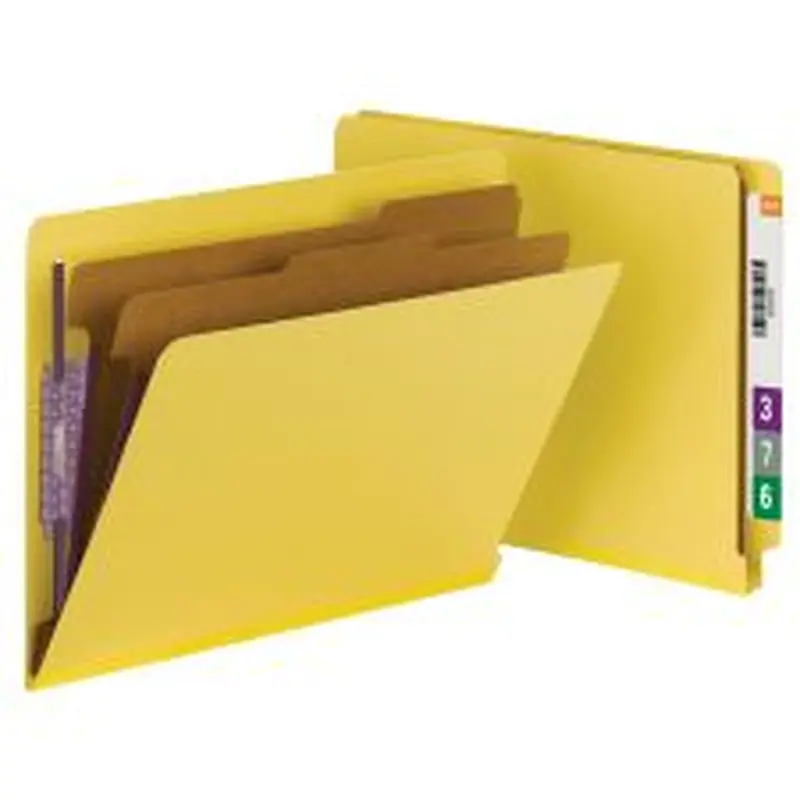 Smead End-Tab Classification Folders, With SafeSHIELD Fasteners, 8 1/2" x 11", 2 Divider, Yellow, Pack Of 10