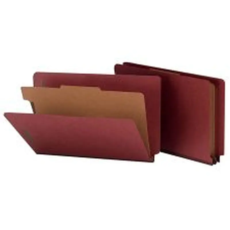 Smead Full End-Tab Classification Folder With SafeSHIELD Fastener, 2" Expansion, 1 Divider, 8 1/2" x 14", Legal, 60% Recycled, Red, Box of 10