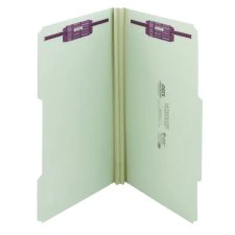 Smead Guide Height Pressboard Folders With SafeSHIELD Fasteners, 2/5 Cut, Legal Size, 2" Expansion, Gray/Green, Box Of 25