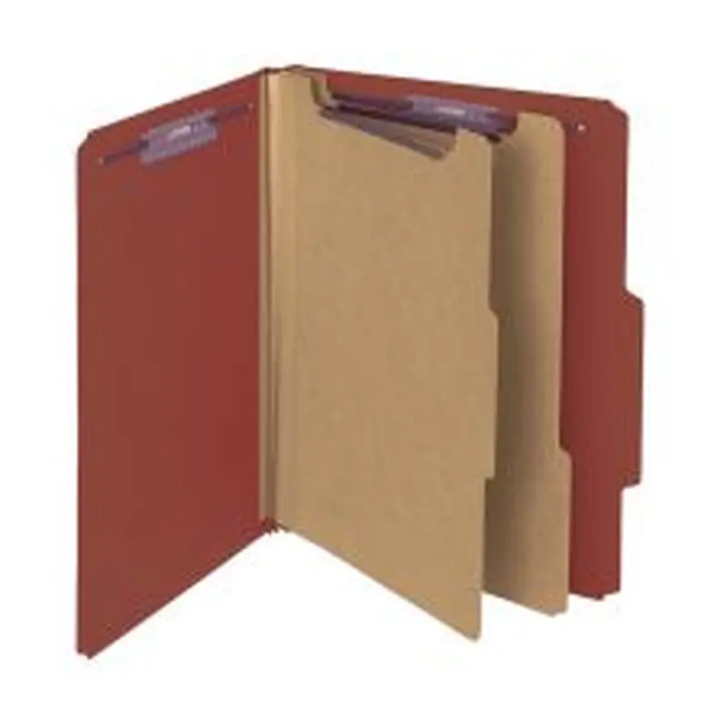 Smead Pressboard Classification Folders, 2 Dividers, 2" Expansion, 2/5 Cut, Letter Size, 100% Recycled, Red, Pack Of 10