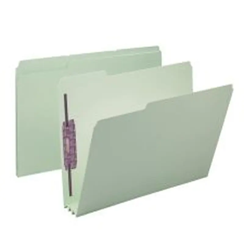Smead Pressboard Fastener Folders With SafeSHIELD Coated Fasteners, 3" Expansion, Letter Size, 100% Recycled, Gray/Green, Box Of 25