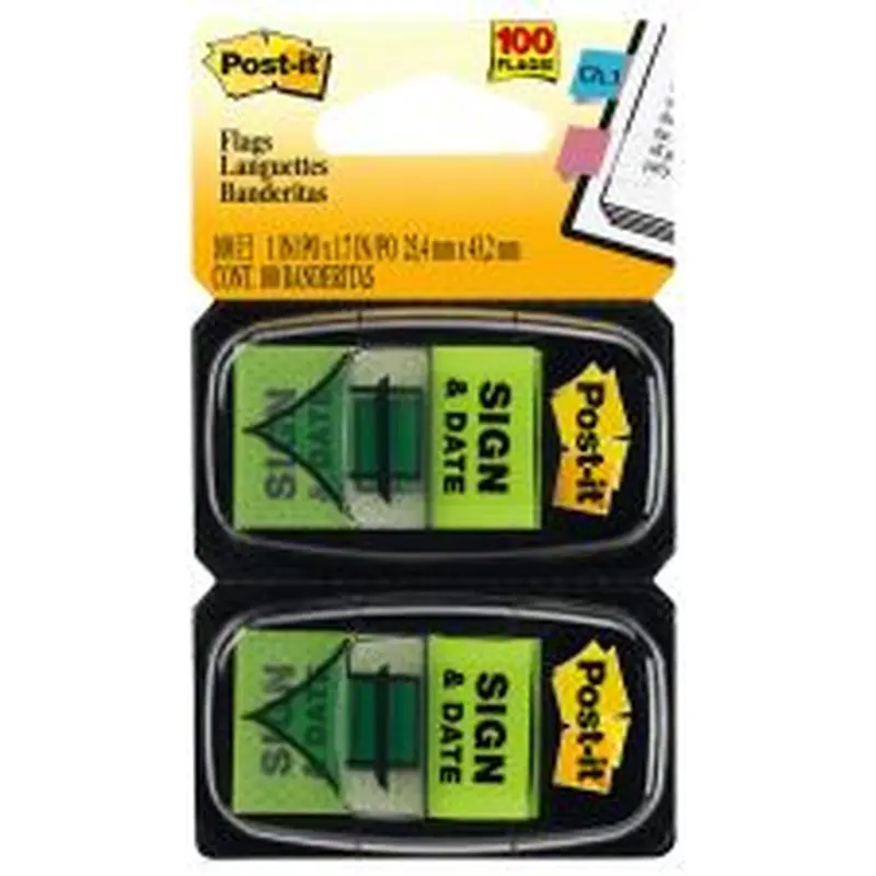 Post-it Notes Sign & Date Printed Flags, 1" x 1-7/10", Green, 50 Flags Per Pad, Pack Of 2 Pads