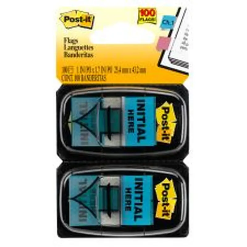 Post-it Printed Flags, "Initial Here", 1" x 1-11/16", Bright Blue, 50 Flags Per Pad, Pack Of 2 Pads