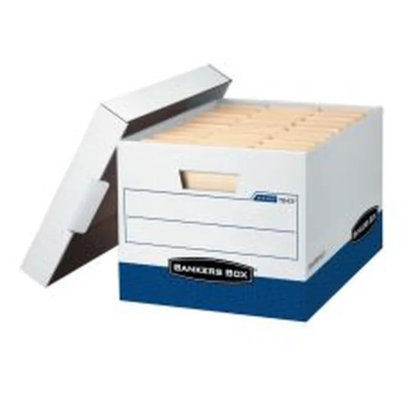 Bankers Box R Kive FastFold Heavy-Duty Storage Boxes, Letter/Legal Size, 15D x 12" x 10", White/Blue, Case Of 4 -724303