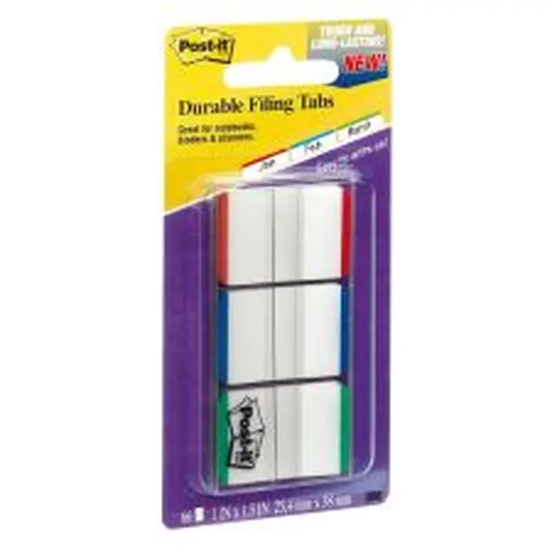 Post-it Durable Tabs, 1" x 1 1/2", Blue/Green/Red Color Bars, 22 Flags Per Pad, Pack Of 3 Pads