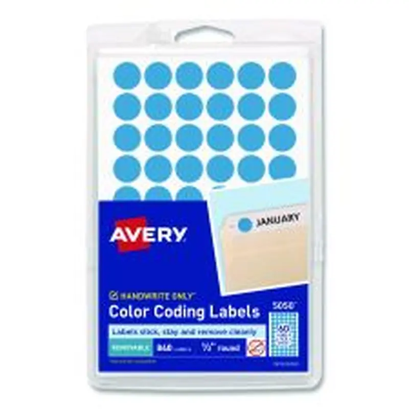 Avery Handwrite Only Self-Adhesive Removable Round Color-Coding Labels, 0.5" dia, Light Blue, 60/Sheet, 14 Sheets/Pack, (5050)